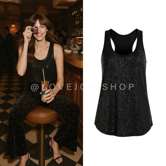 NYE Glam | Diane Von Furtenberg Black Sequin Beaded Top Racer Back Layered Mesh - Picture 1 of 13